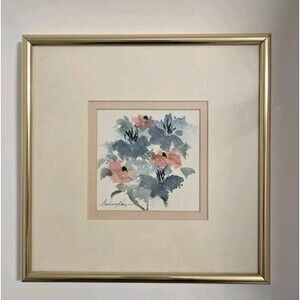 Barbara Hagan Watercolor Signed Blue and Pink Florals Professionally Framed Art